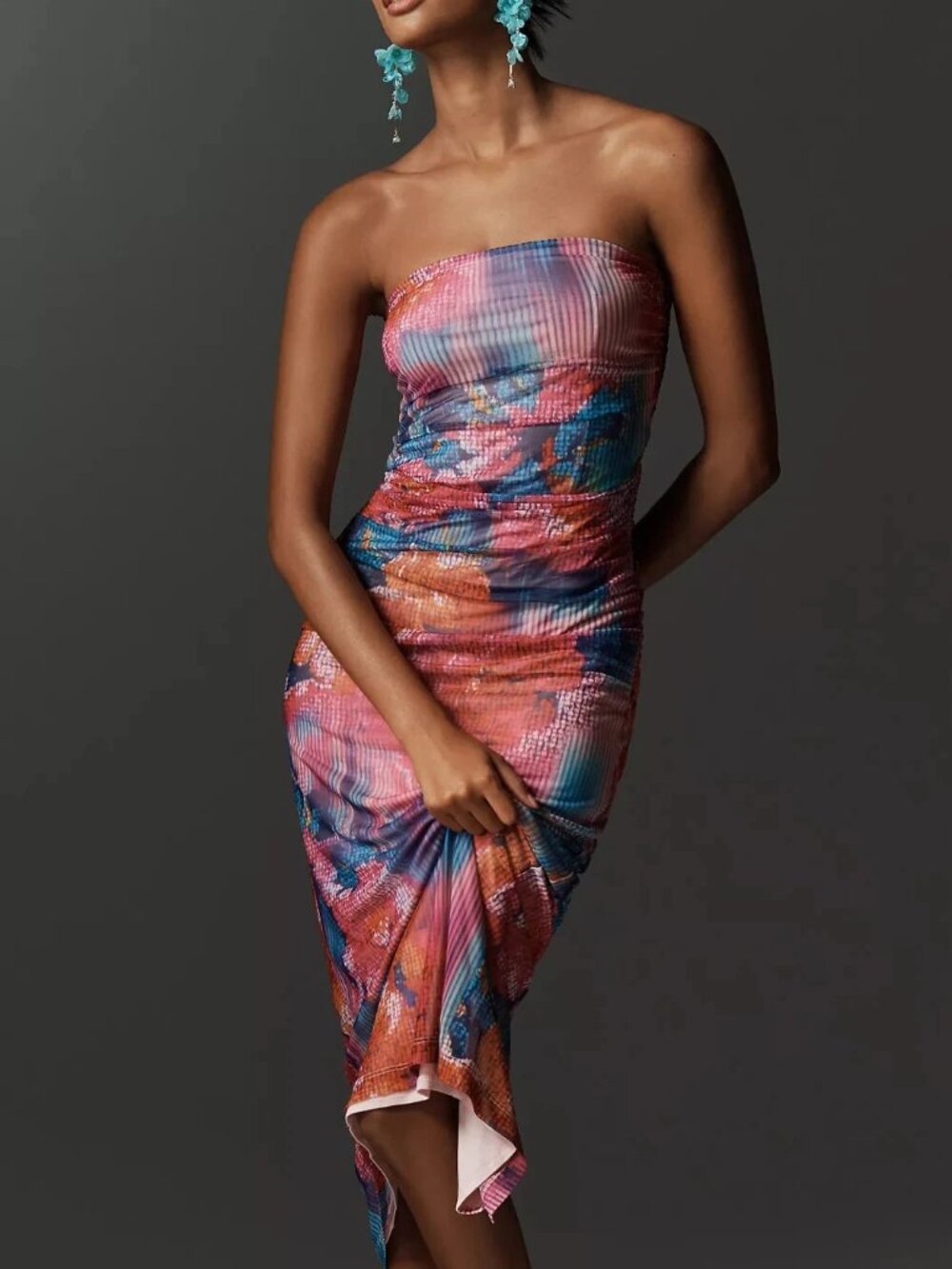 Anthropologie Strapless Multicolor Ruched Midi Dress - Pink, Blue, Orange